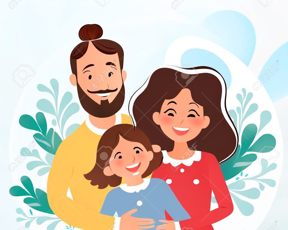 Famille heureuse avec fils et fille. Les parents étreignent les enfants. Illustration vectorielle