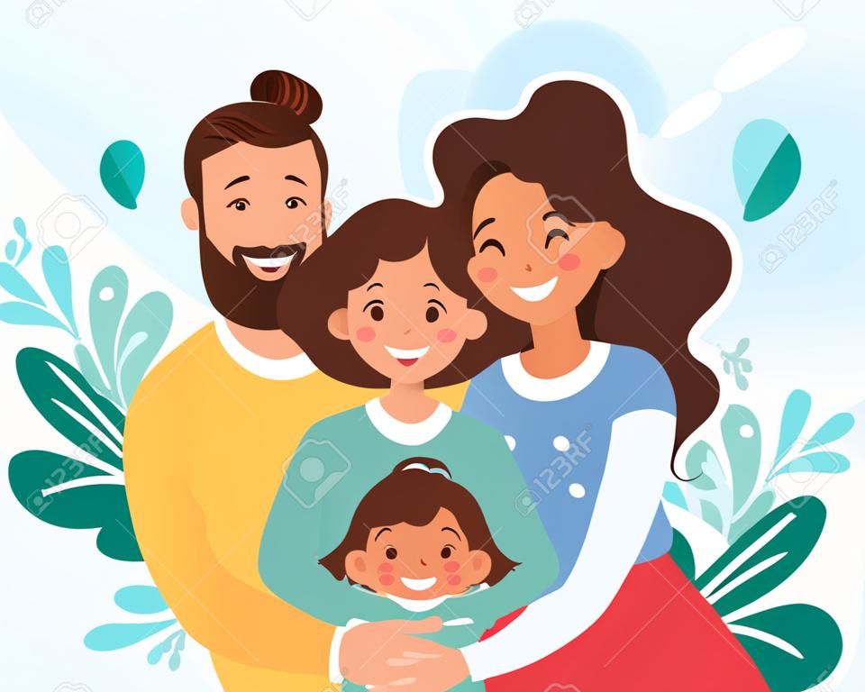 Happy family with son and daughter. Parents hugging children. Vector illustration