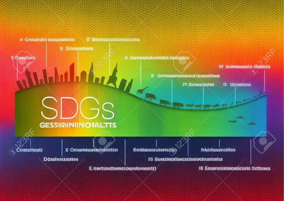 Metas de desarrollo sostenible. ODS. Gradación hecha de colores de símbolos y 17 objetivos de desarrollo. Ciudades, animales, gente, peces. Desarrollo permanente del ser humano y del medio que lo rodea. Crea