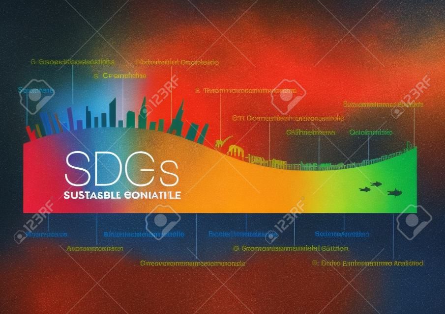 Sustainable development goals. SDGs. Gradation made of symbol colors and 17 development goals. Cities, animals, people, fish. Permanent development of humans and the environment surrounding them. Crea