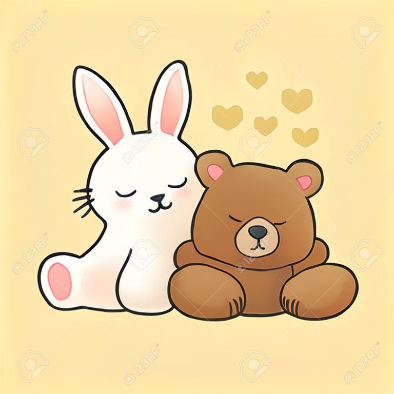 Coniglio e orso che dormono insieme personaggio animale dei cartoni animati disegnati a mano. Vettore di disegno a mano. Design del personaggio dei cartoni animati