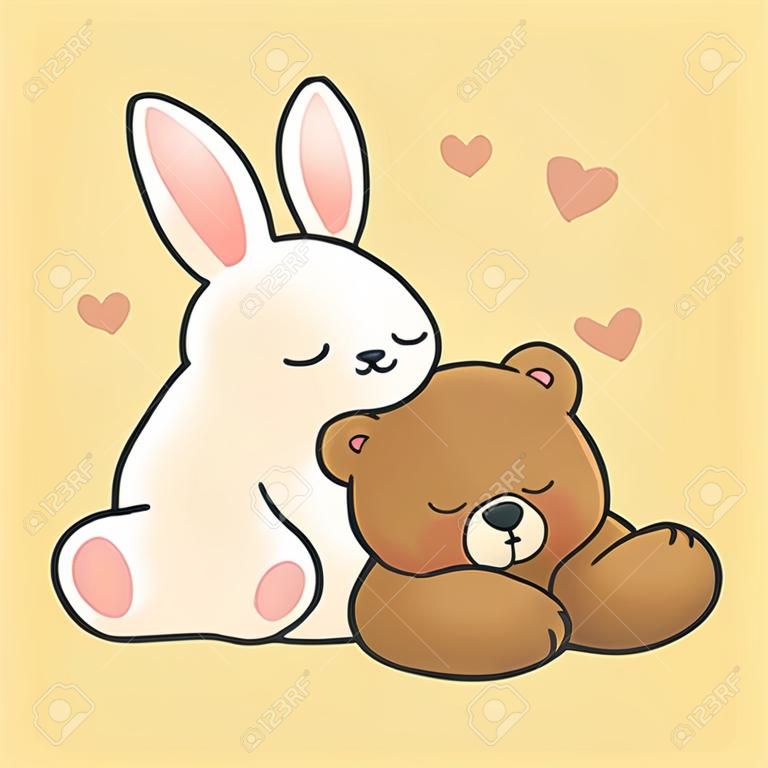 Rabbit and bear sleeping together hand drawn cartoon animal character. Hand drawing vector. Cartoon character design