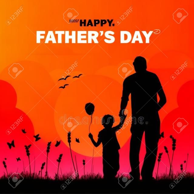Happy father's day, dad and son beautiful silhouette sunset scene poster, fully editable vector illustration