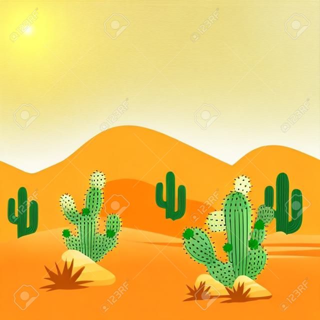 Fond de paysage désertique. Cactus et dunes de sable, couches prêtes pour la parallaxe. Pour le fond de bande dessinée ou de jeu. Illustration vectorielle, horizontalement transparente