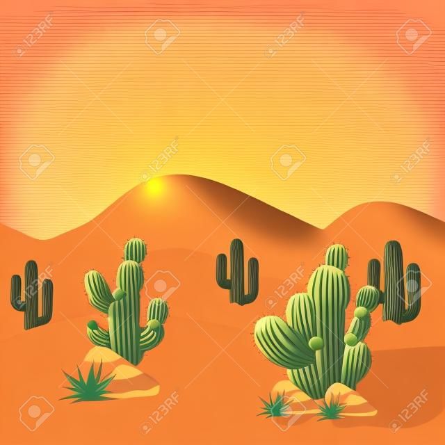 Fond de paysage désertique. Cactus et dunes de sable, couches prêtes pour la parallaxe. Pour le fond de bande dessinée ou de jeu. Illustration vectorielle, horizontalement transparente