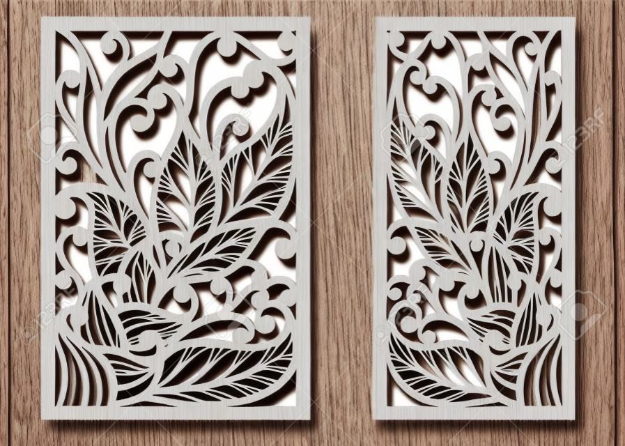 Laser cut panels with floral pattern. Die templates, cut-out for wood or metal decor or fretwork, card engraving stencil. Vector set.
