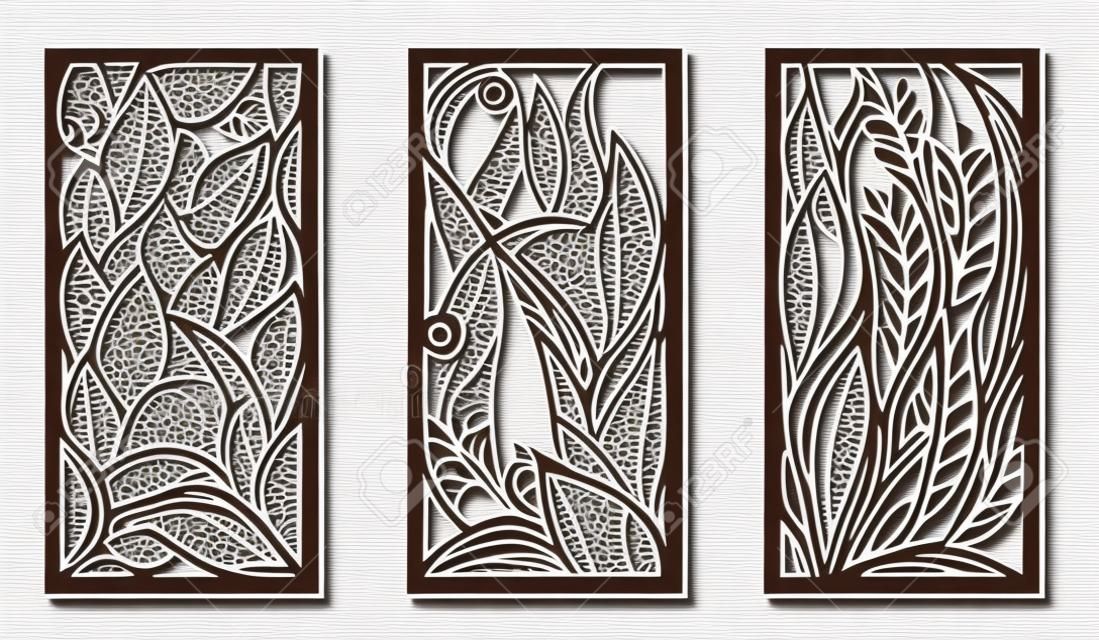 Laser cut templates, set of panels with floral pattern. Wood or metal cutting, panel decor, paper art, fretwork stencils. Vector illustration