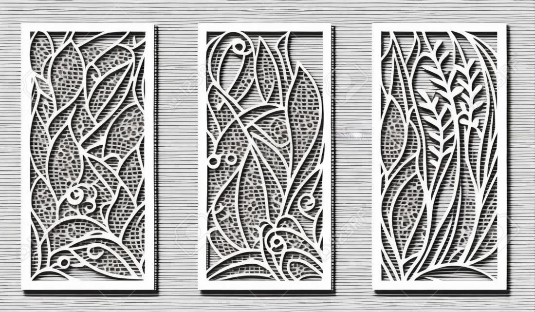 Plantillas de corte láser, conjunto de paneles con estampado floral. Corte de madera o metal, decoración de paneles, arte en papel, plantillas para calados. Ilustración vectorial