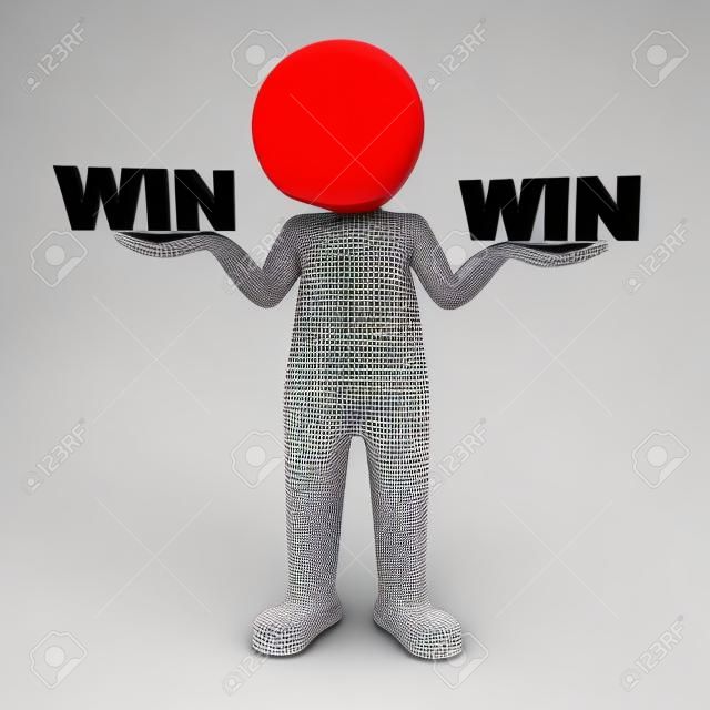 3d man standing with red win text on both hands isolated over white background