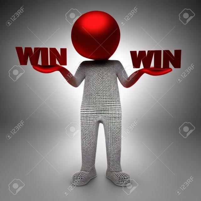 3d man standing with red win text on both hands isolated over white background