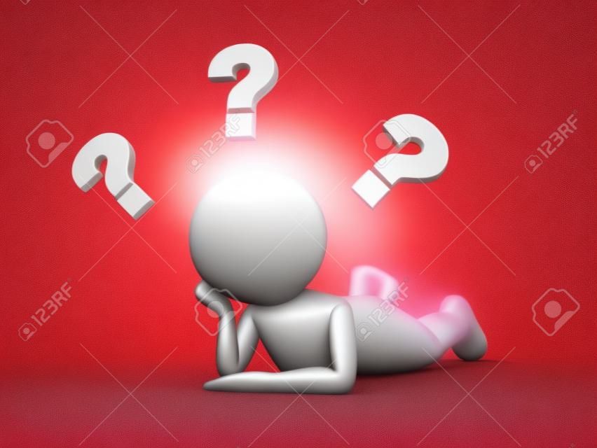 3d hombre acostado en su estómago y pensando con signos de interrogación de color rojo aisladas sobre fondo blanco con sombra. Representación 3D.