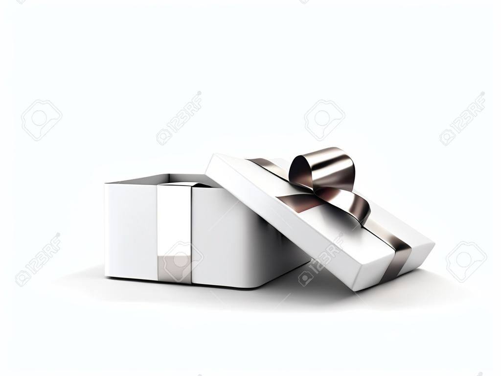 Open gift box or present box with silver ribbon bow isolated on white background with shadow . 3D rendering.