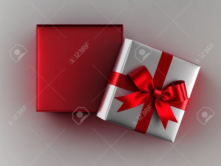 Apra il contenitore di regalo rosso o la scatola attuale con l'arco del nastro d'argento e lo spazio vuoto nella scatola isolata su fondo bianco con ombra. Rendering 3D.