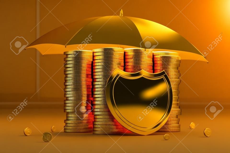 Gold coins protected by an umbrella and a shield. Concept for insurance protection, safe banking or other things related to securing property. 3d illustration