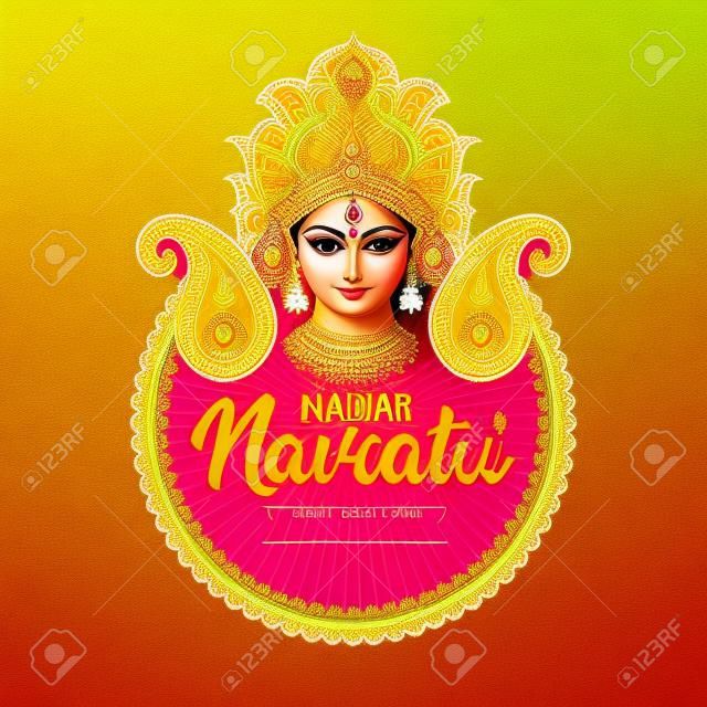 Navratri 축하 인도 축제 판매 배너, 큰 Navratri 할인 판매 제공 로고 디자인, 스티커, 개념, 인사말 카드 템플릿, 아이콘, 포스터, 단위, 레이블, 웹, Durga Maa가 있는 니모닉