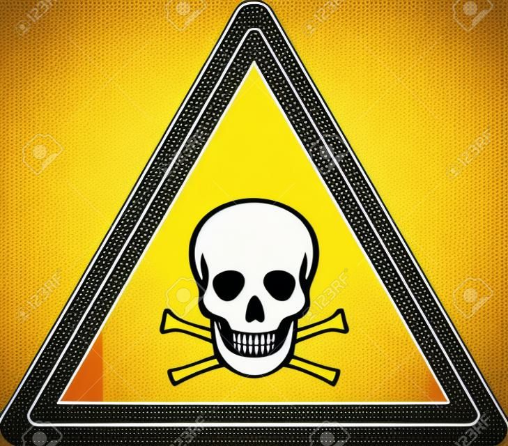 Sinal triangular amarelo do perigo com crânio e ossos. Vetor