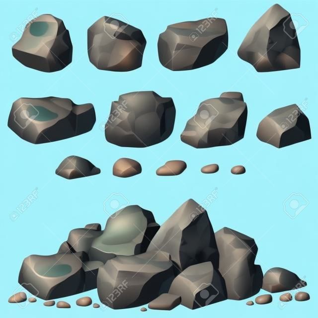 Conjunto de pedra de pedra cartoon. Pedras e rochas em estilo plano isométrico 3d. Conjunto de diferentes pedregulhos