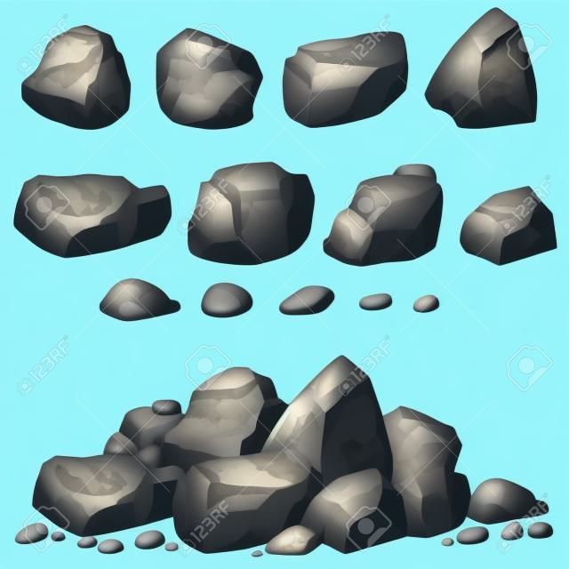 pietra, roccia set cartone animato. Pietre e rocce in 3d stile isometrico piatta. Insieme di diversi massi