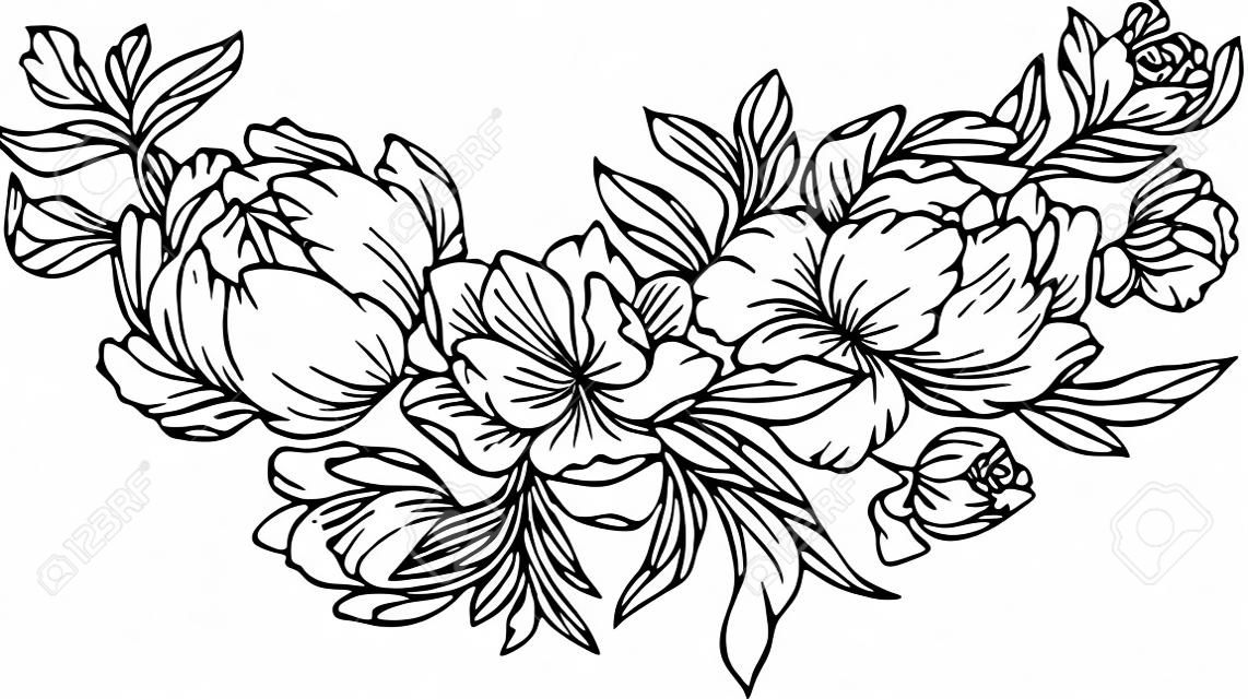 Bordure florale d'art de ligne sur un fond blanc, page de coloriage