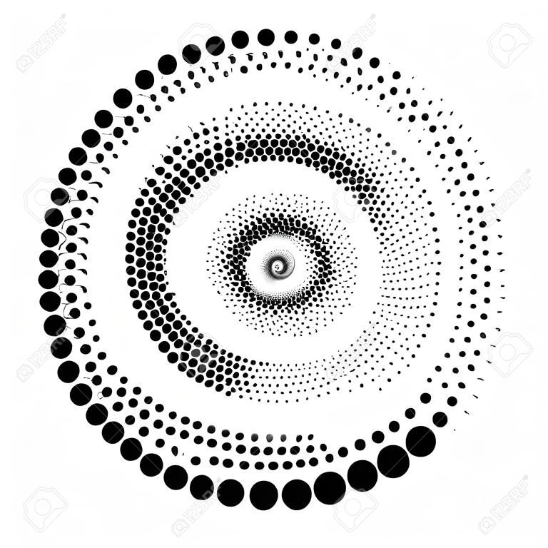 Projekt spirali elementów kropek. Abstrakcyjne tło monochromatyczne. Wektor sztuki. Brak gradientu