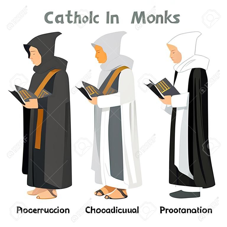 catholic monk priest in robes, flat illustration