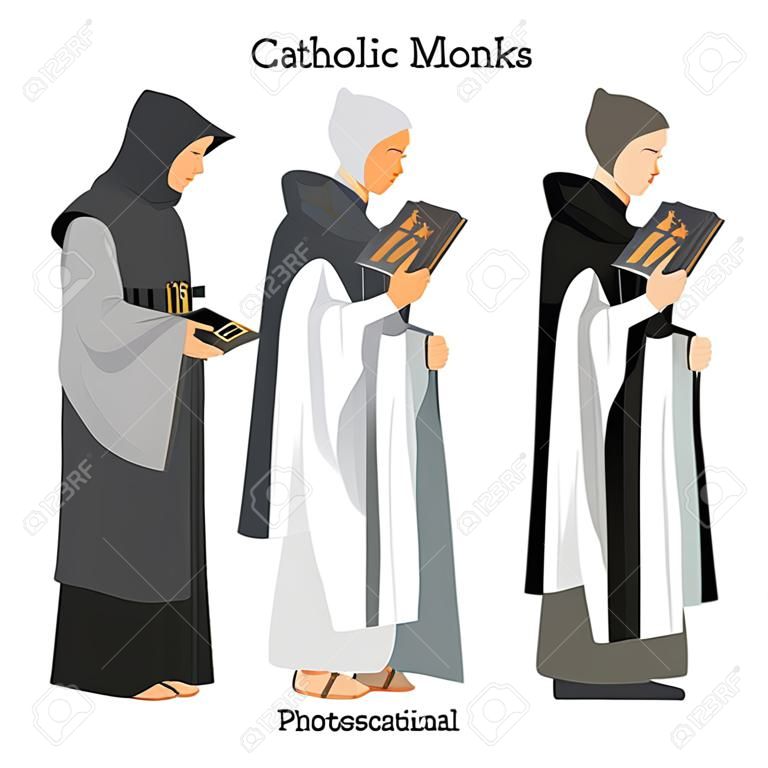sacerdote monje católico en túnicas, ilustración plana