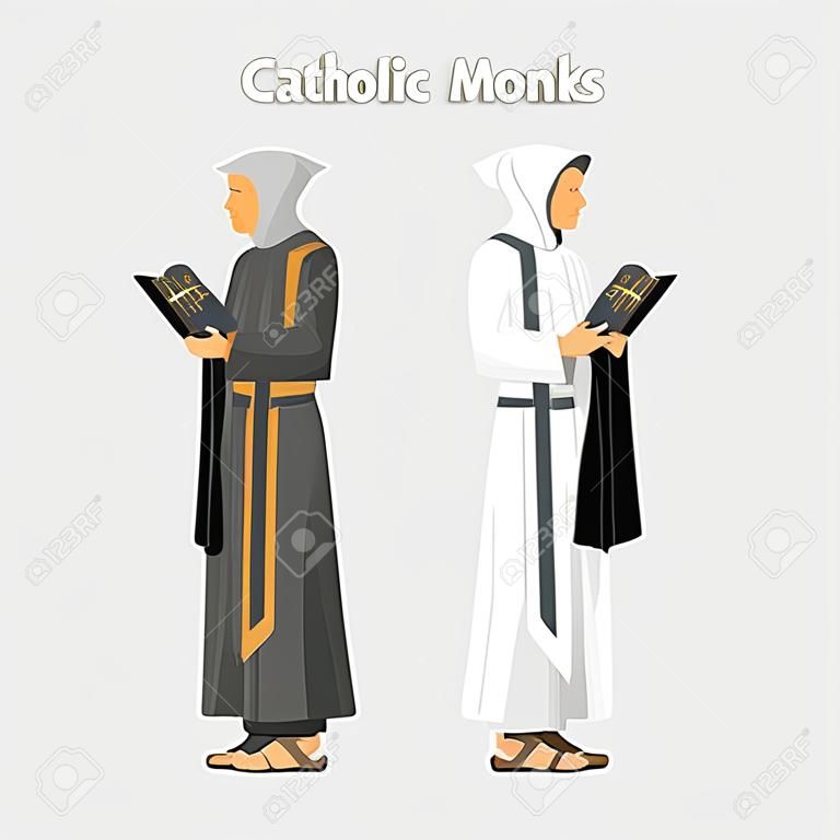 sacerdote monje católico en túnicas, ilustración plana