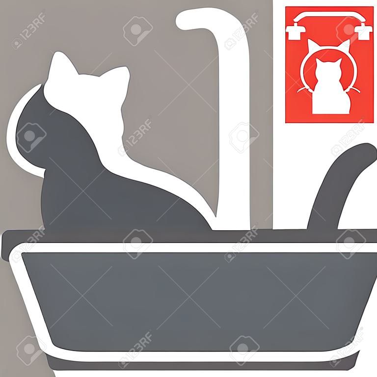 Cat in pet tray glyph icon, pet shop and sandbox, cat tray vector icon, vector graphics, editable stroke solid sign.
