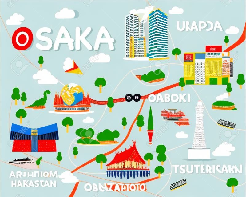 Osaka Görülecek Vektör Ve İllüstrasyon Haritası.