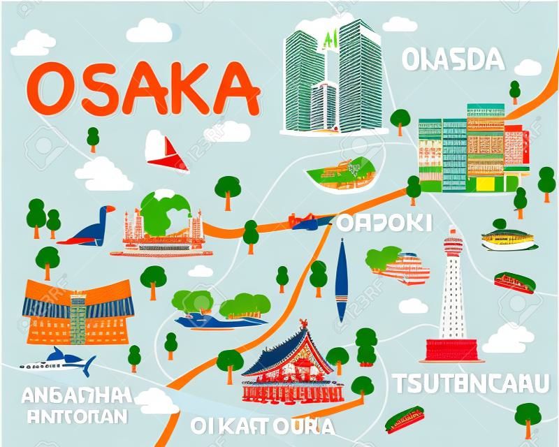 Kaart van Osaka Attracties Vector en Illustratie.