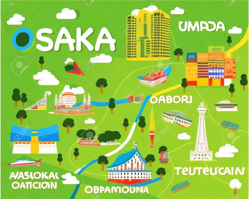 Karte von Osaka Attraktionen Vektor und Illustration.