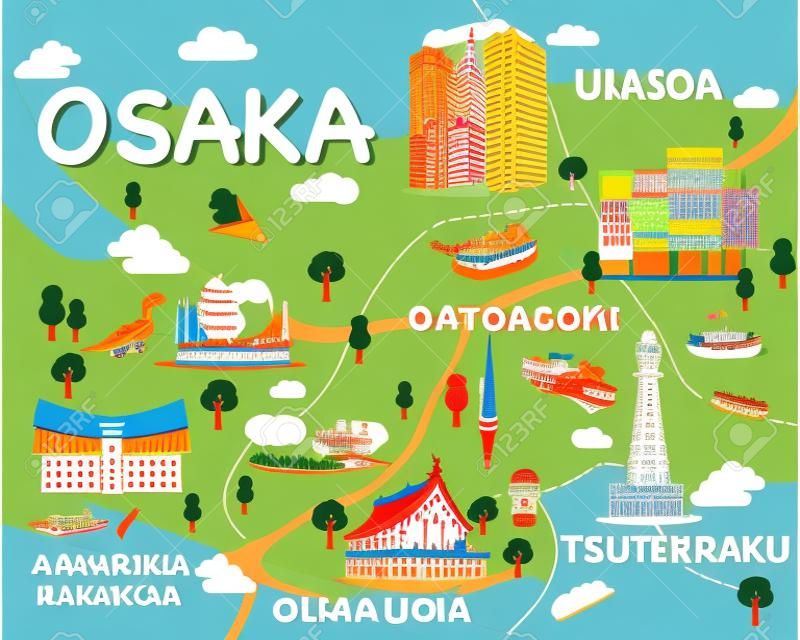 地圖大阪景點向量和插圖。