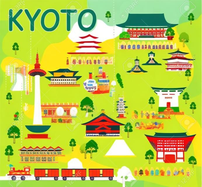 Kaart van Kyoto Attracties Vector en Illustratie.