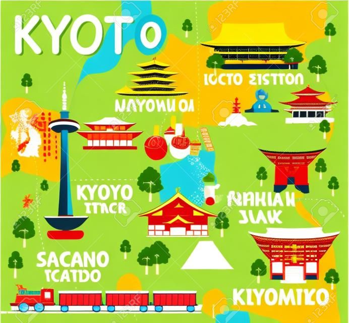 Kaart van Kyoto Attracties Vector en Illustratie.