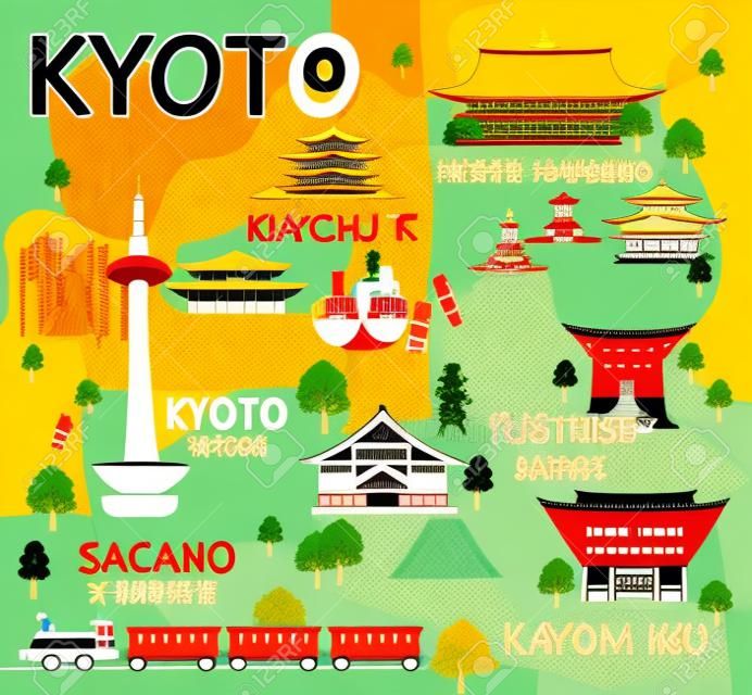 京都景點地圖矢量和插圖。