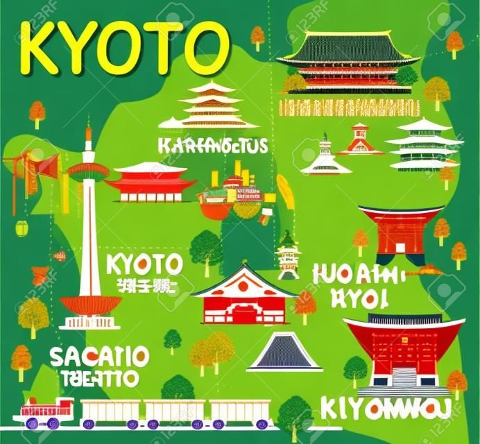 京都景點地圖矢量和插圖。