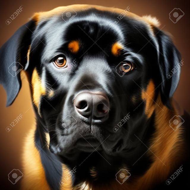 high contrast studio portrait of an adult male rottweiler purebred dog,