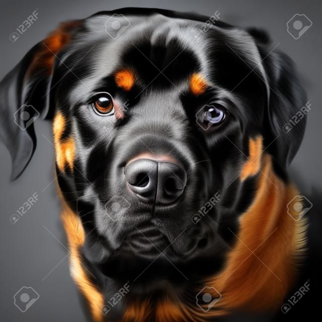 high contrast studio portrait of an adult male rottweiler purebred dog,