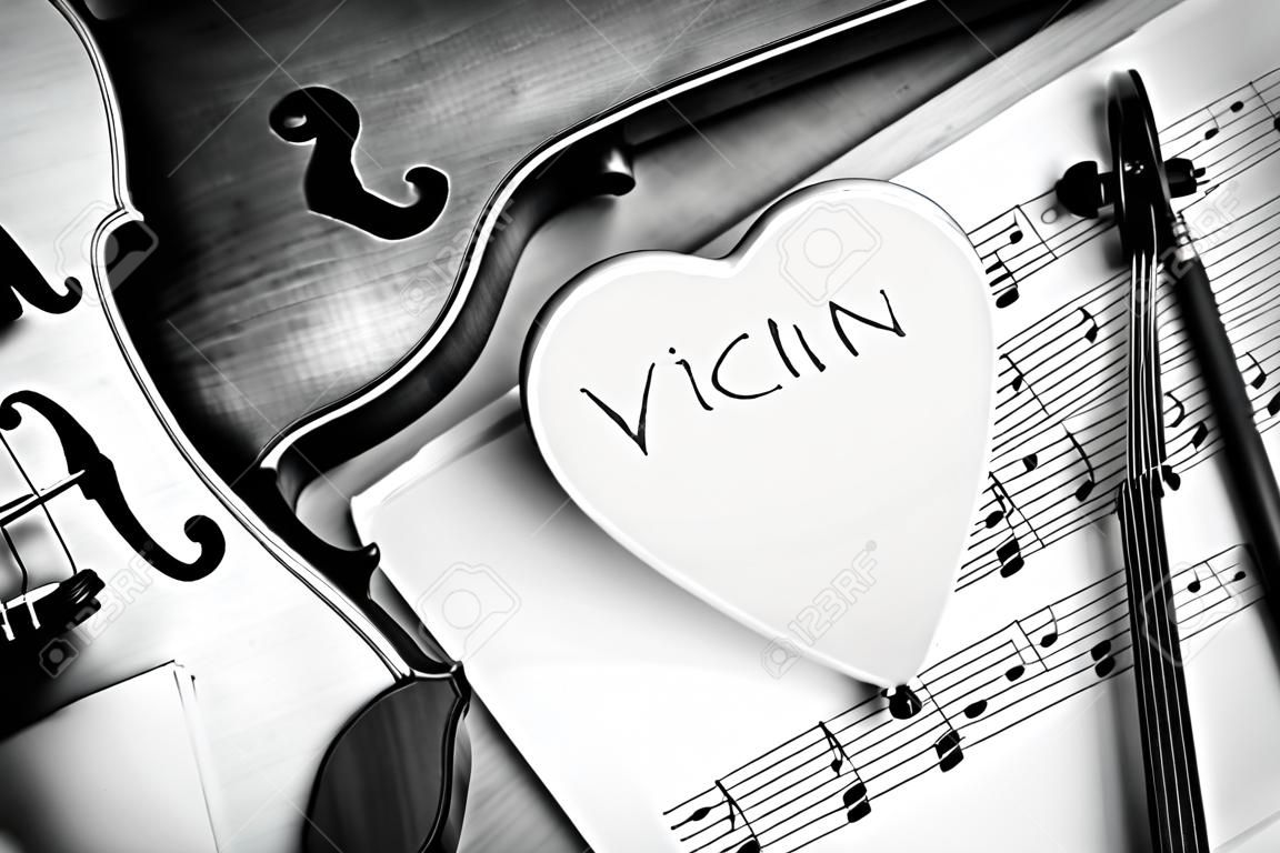 "time to practice violin" violin with sheet music black and white color tone style
