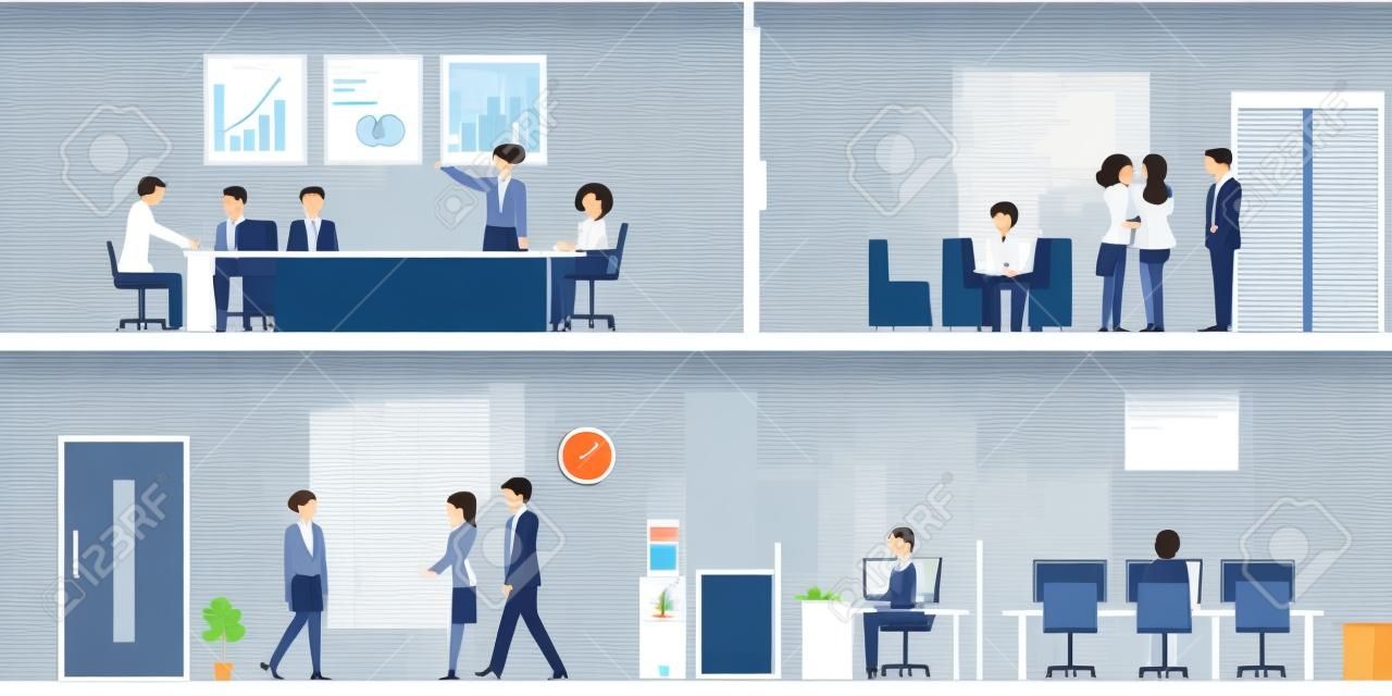 Businessman and woman, talking, discussing in meeting room in interior building, various characters, actions and activities.