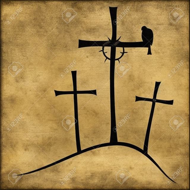As três cruzes no Gólgota, coroa de espinhos e pombas.