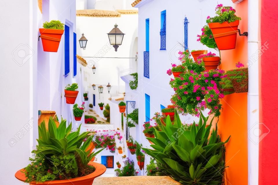 Rua pitoresca de Mijas com vasos de flores em fachadas. Aldeia branca andaluza. Costa del Sol. Sul da Espanha