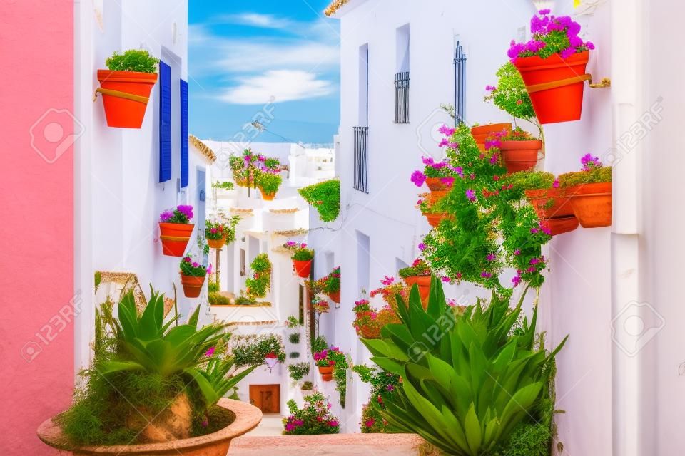 Rua pitoresca de Mijas com vasos de flores em fachadas. Aldeia branca andaluza. Costa del Sol. Sul da Espanha