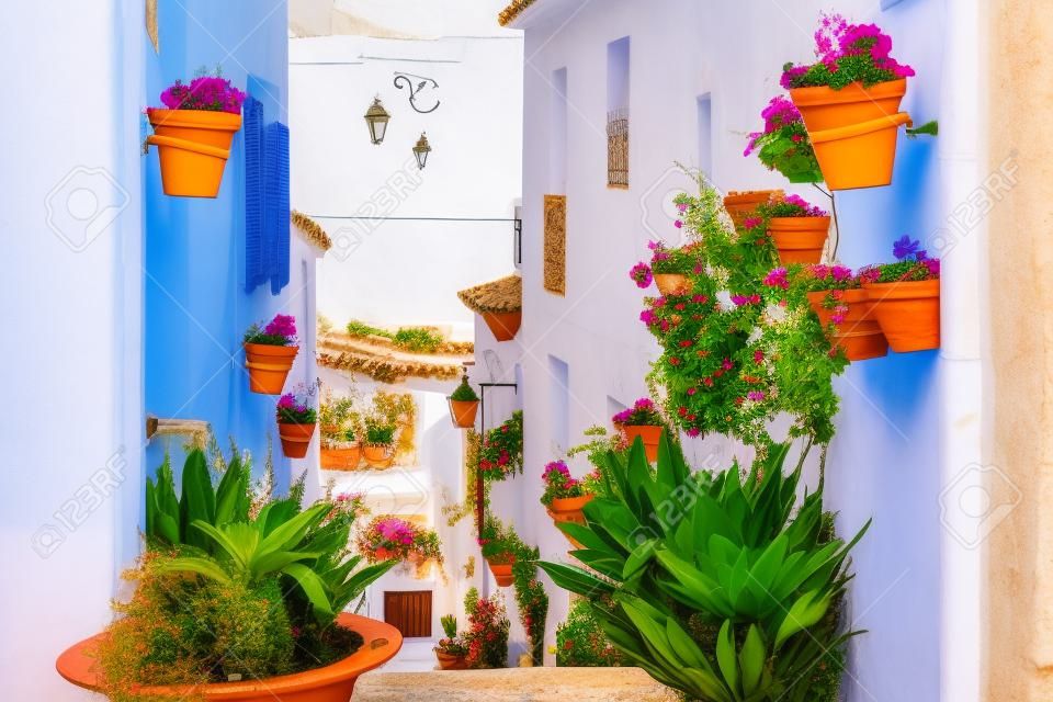 Живописные улицы Михас с цветочными горшками в фасадов. Андалузский белый деревне. Коста-дель-Соль. Южная Испания