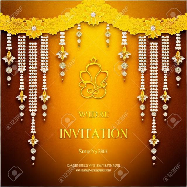 Szablony kart zaproszenie na ślub ze złotym wzorem i kryształy na kolor tła.