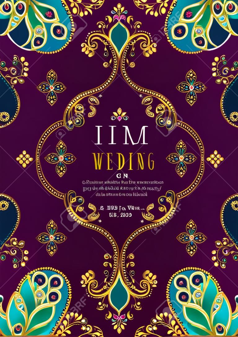 インドの結婚式の招待状のカードテンプレートは、紙の色の背景に金のパターンと結晶を持っています。
