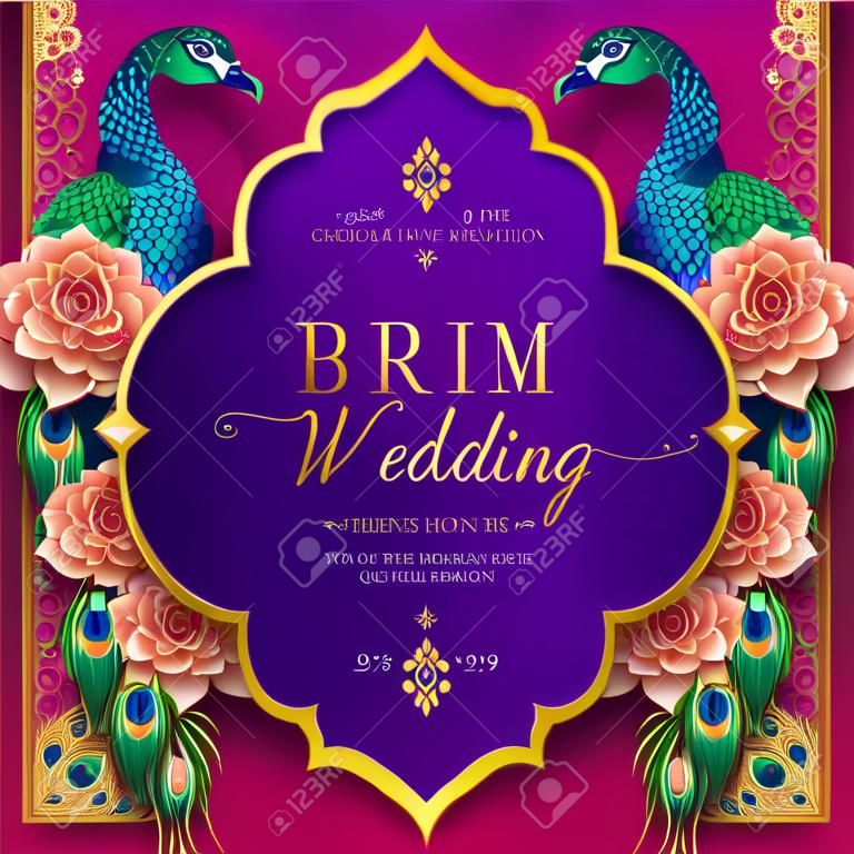 Modelli di carta di invito matrimonio indiano con fantasia oro e cristalli su sfondo di colore di carta.