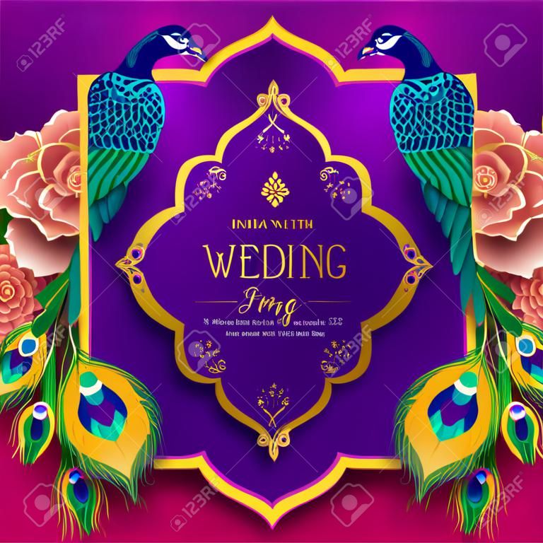 골드 무늬와 종이 색상 배경에 크리스탈 인도 결혼식 초대 카드 템플릿.