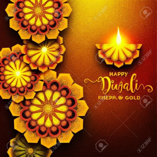 Happy Diwali festival card con oro diya fantasia e cristalli su carta colore di sfondo.