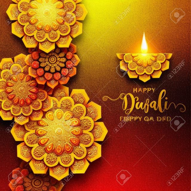 Glückliche Diwali Festivalkarte mit Golddiya gemustert und Kristallen auf Papierfarbe Hintergrund.